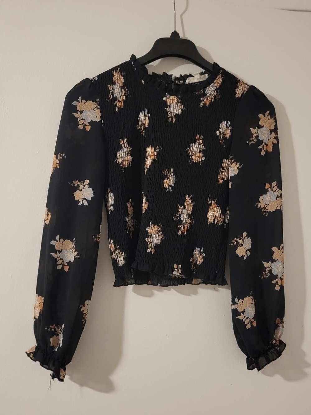 Black Floral Smocked Long-Sleeve Top